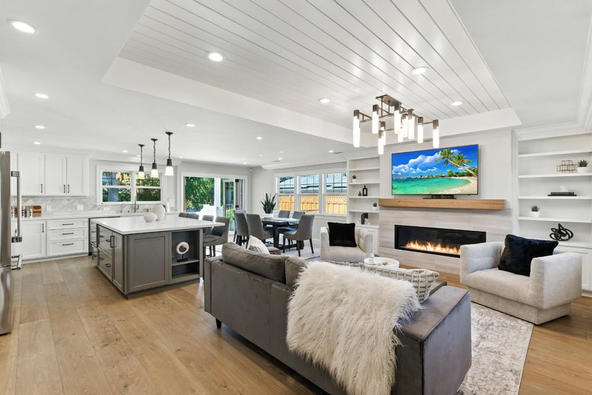 Dining room, Fireplace, Interior, Kitchen, Living room, Pendant Lights, Recessed Lighting, Wood Texture Flooring