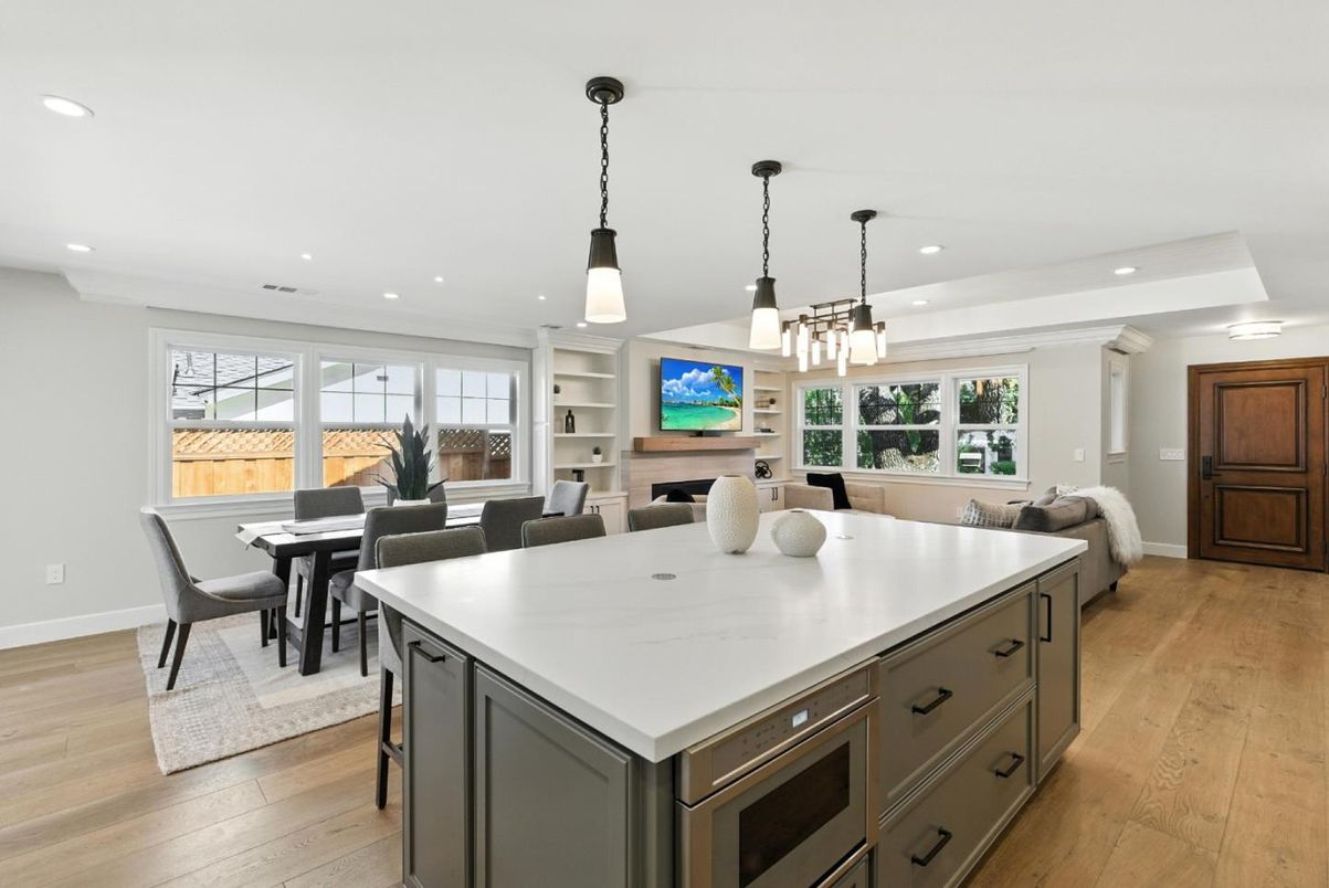 Dining room, Fireplace, Interior, Kitchen, Living room, Pendant Lights, Recessed Lighting, Wood Texture Flooring