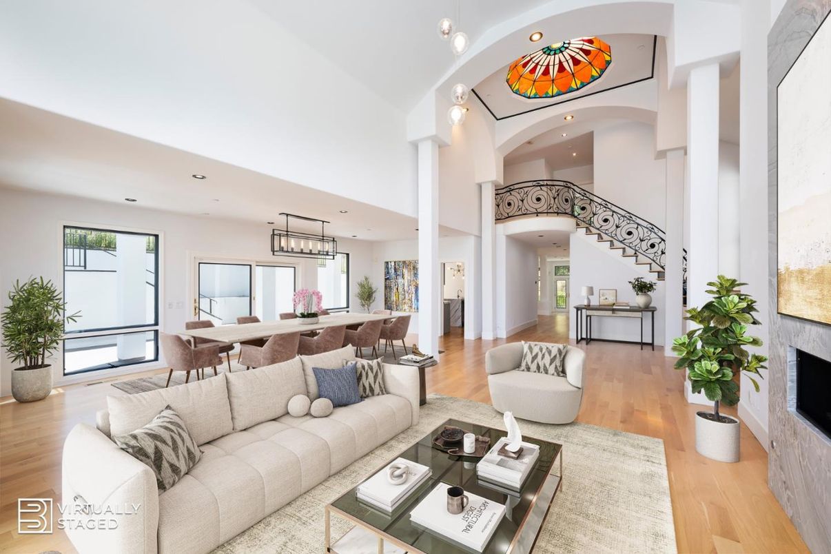 Dining room, Fireplace, Interior, Living room, Pendant Lights, Recessed Lighting, Wood Texture Flooring