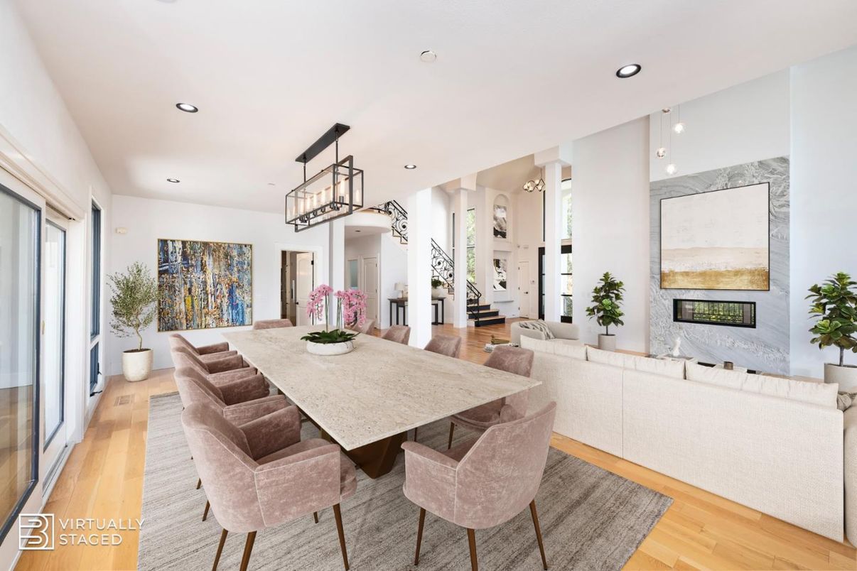 Dining room, Fireplace, Interior, Living room, Pendant Lights, Recessed Lighting, Wood Texture Flooring
