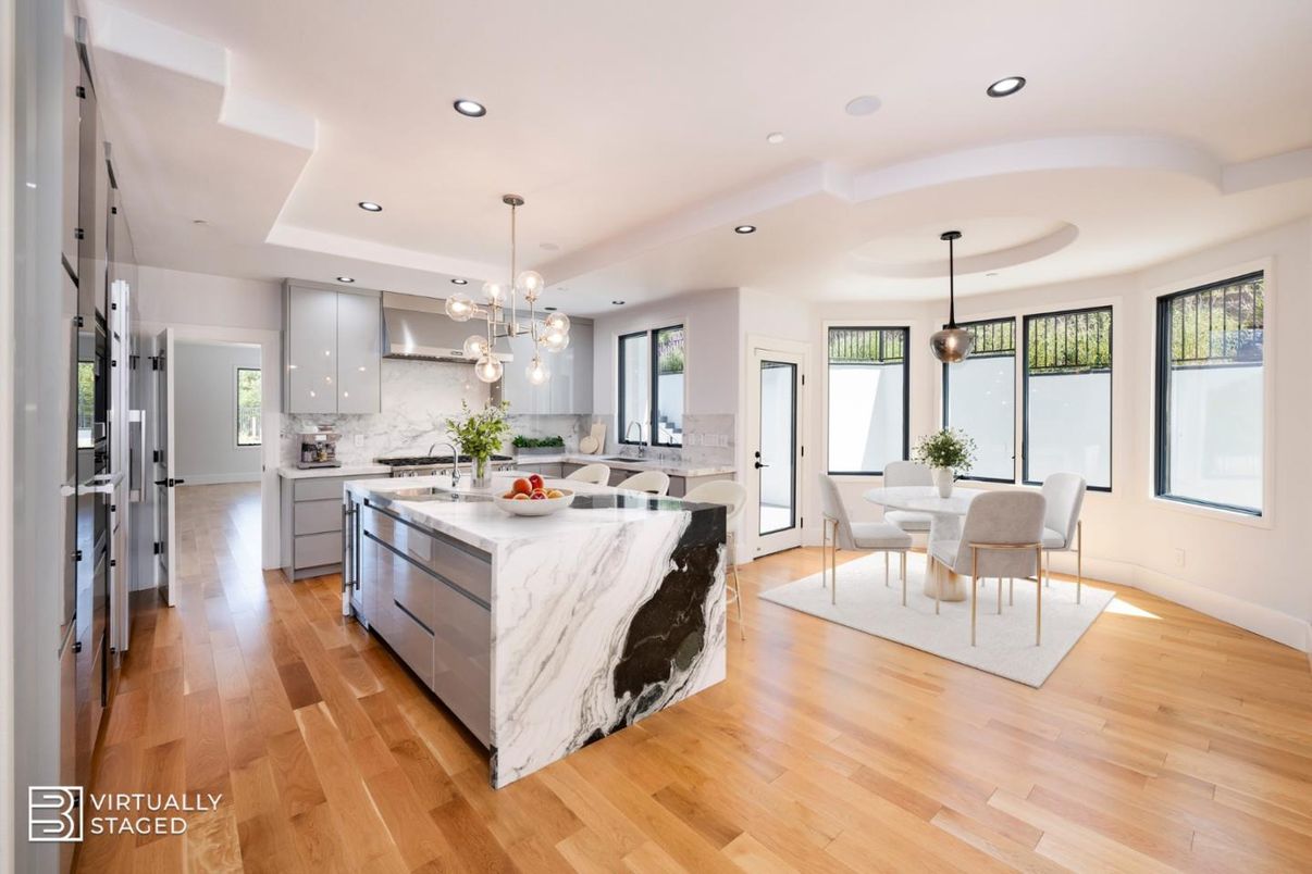 Dining room, Interior, Kitchen, Pendant Lights, Recessed Lighting, Stainless Steel Appliances, Wood Texture Flooring