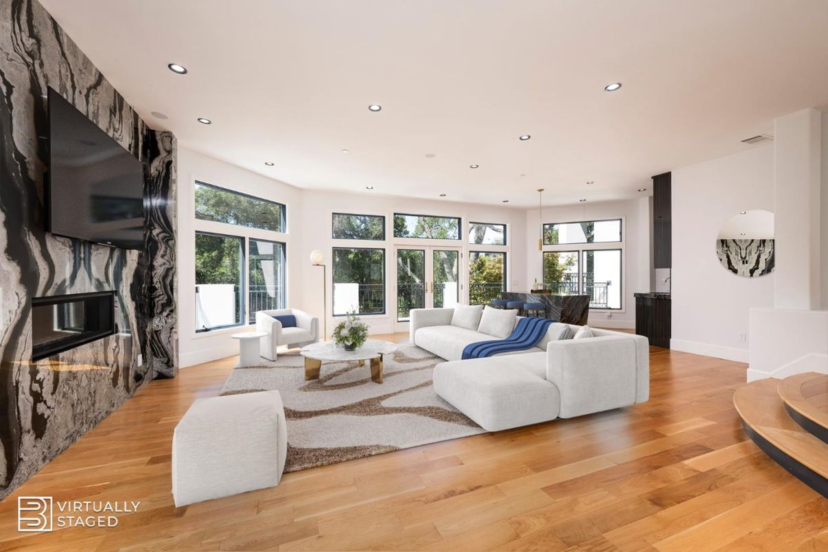 Fireplace, Interior, Living room, Pendant Lights, Recessed Lighting, Wood Texture Flooring