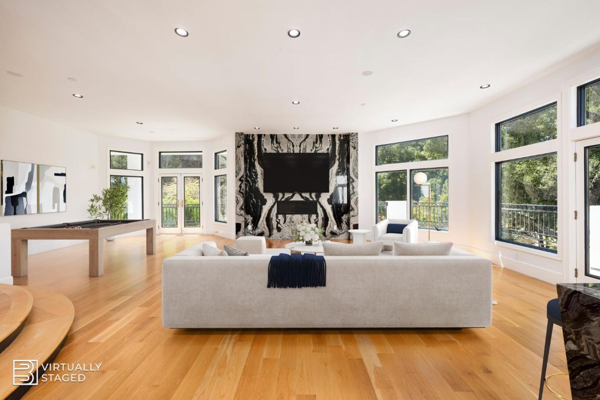 Billiard Table, Fireplace, Game Room, Interior, Living room, Recessed Lighting, Wood Texture Flooring