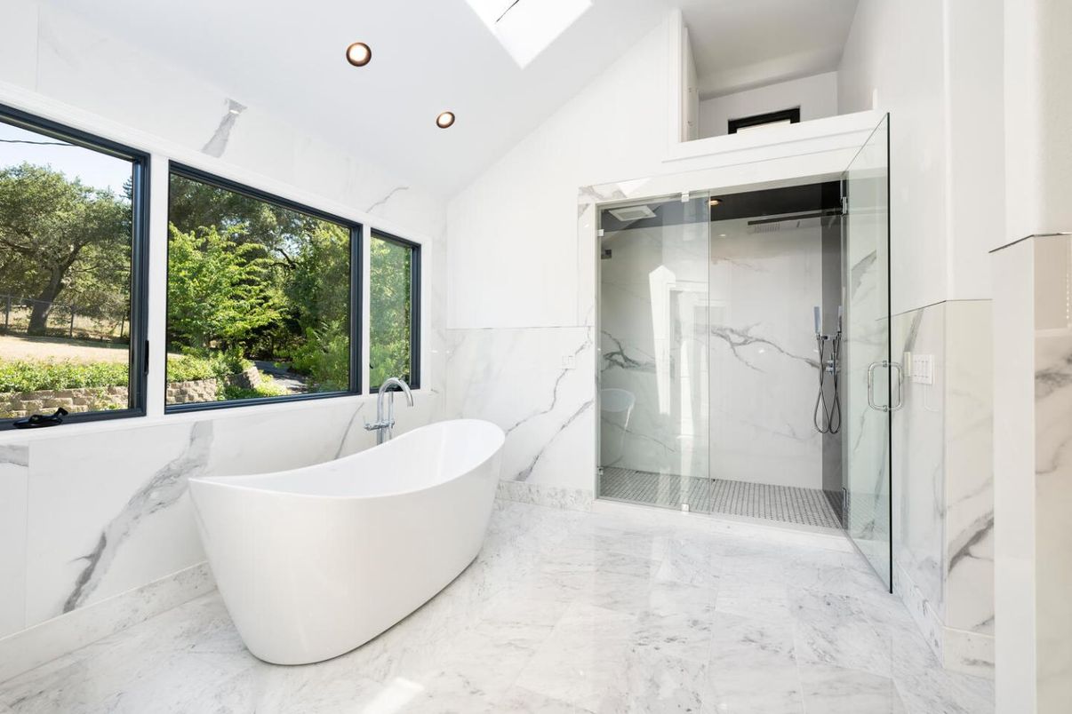Bathroom, Free Standing Baths, Glass Shower, Interior, Marble, Marble Walls, Recessed Lighting
