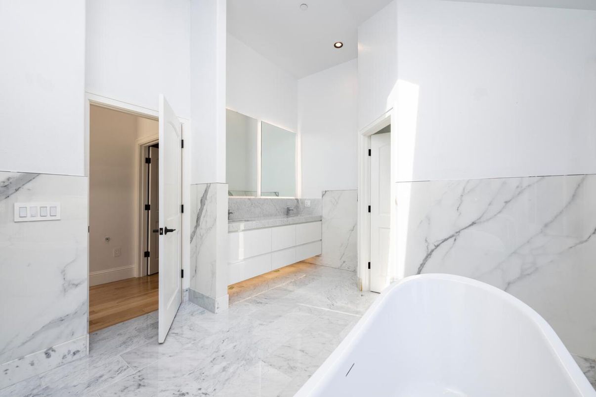 Bathroom, Free Standing Baths, Interior, Marble, Marble Walls, Recessed Lighting