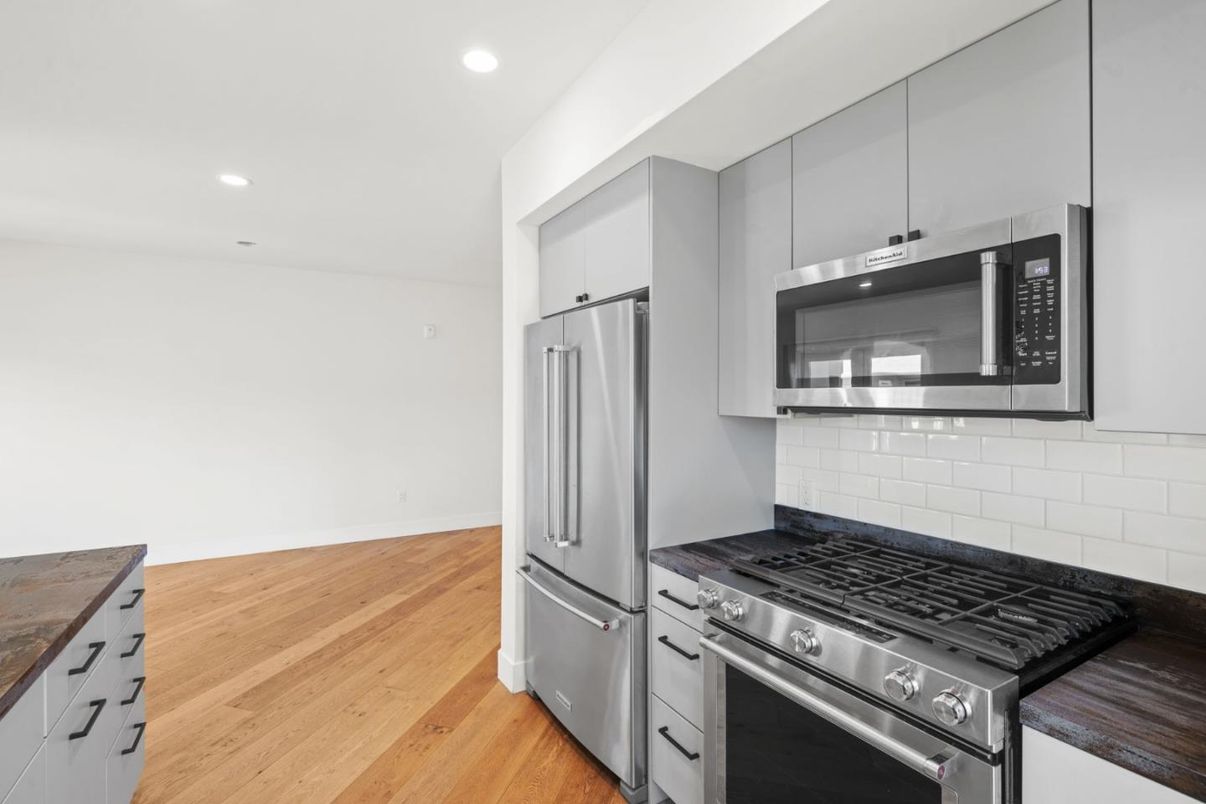 Interior, Kitchen, Recessed Lighting, Stainless Steel Appliances, Wood Texture Flooring