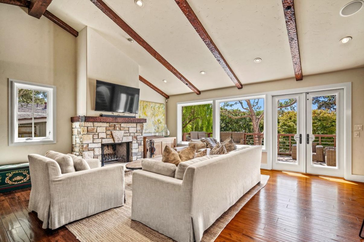 Fireplace, Interior, Living room, Recessed Lighting, Wooden Beams, Wood Texture Flooring