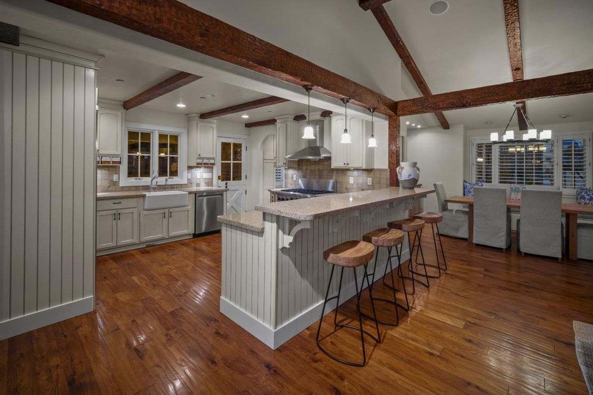 Dining room, Interior, Kitchen, Pendant Lights, Recessed Lighting, Stainless Steel Appliances, Wooden Beams, Wood Texture Flooring