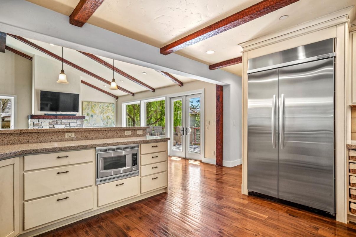 Interior, Kitchen, Pendant Lights, Recessed Lighting, Stainless Steel Appliances, Wooden Beams, Wood Texture Flooring