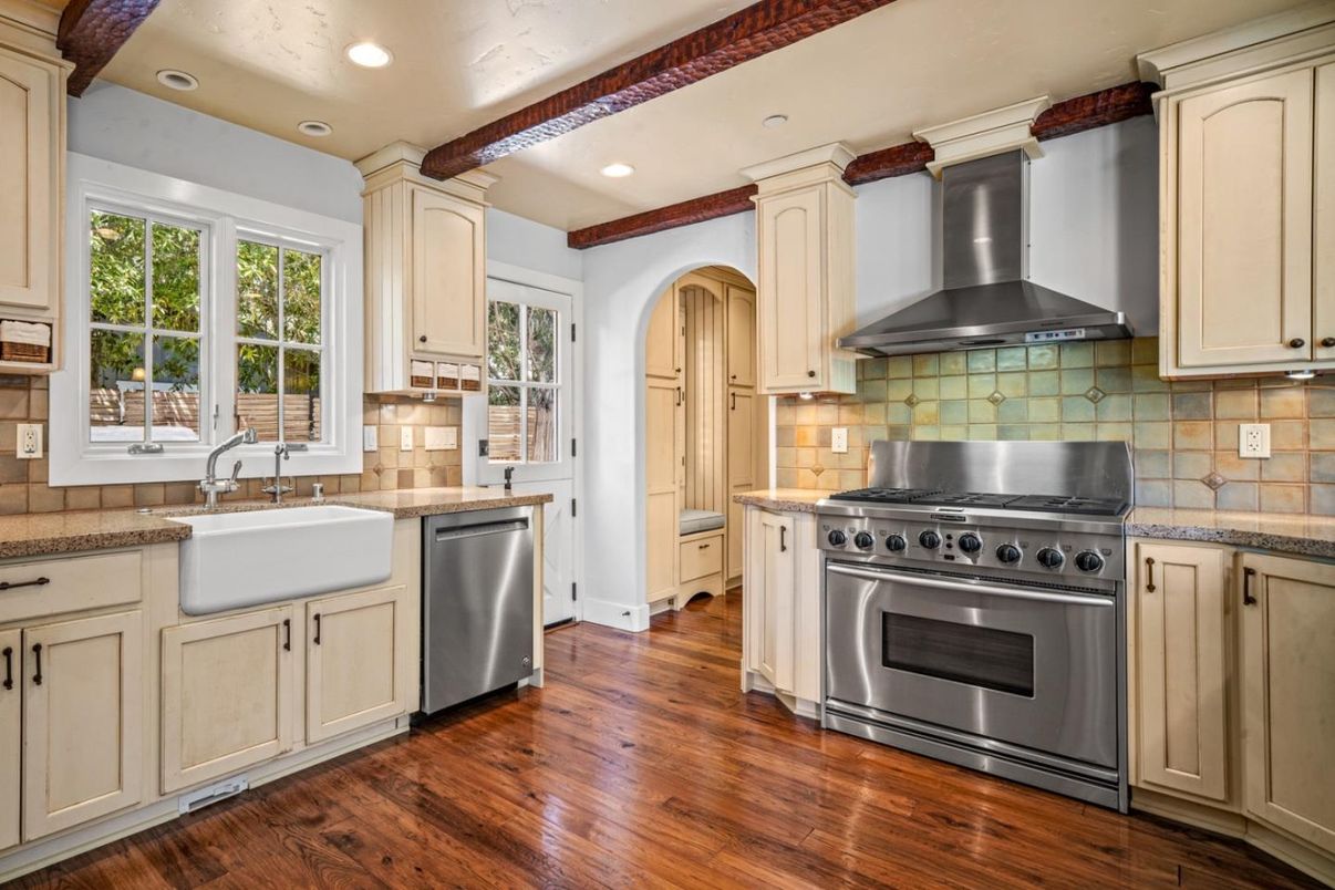 Interior, Kitchen, Recessed Lighting, Stainless Steel Appliances, Wooden Beams, Wood Texture Flooring