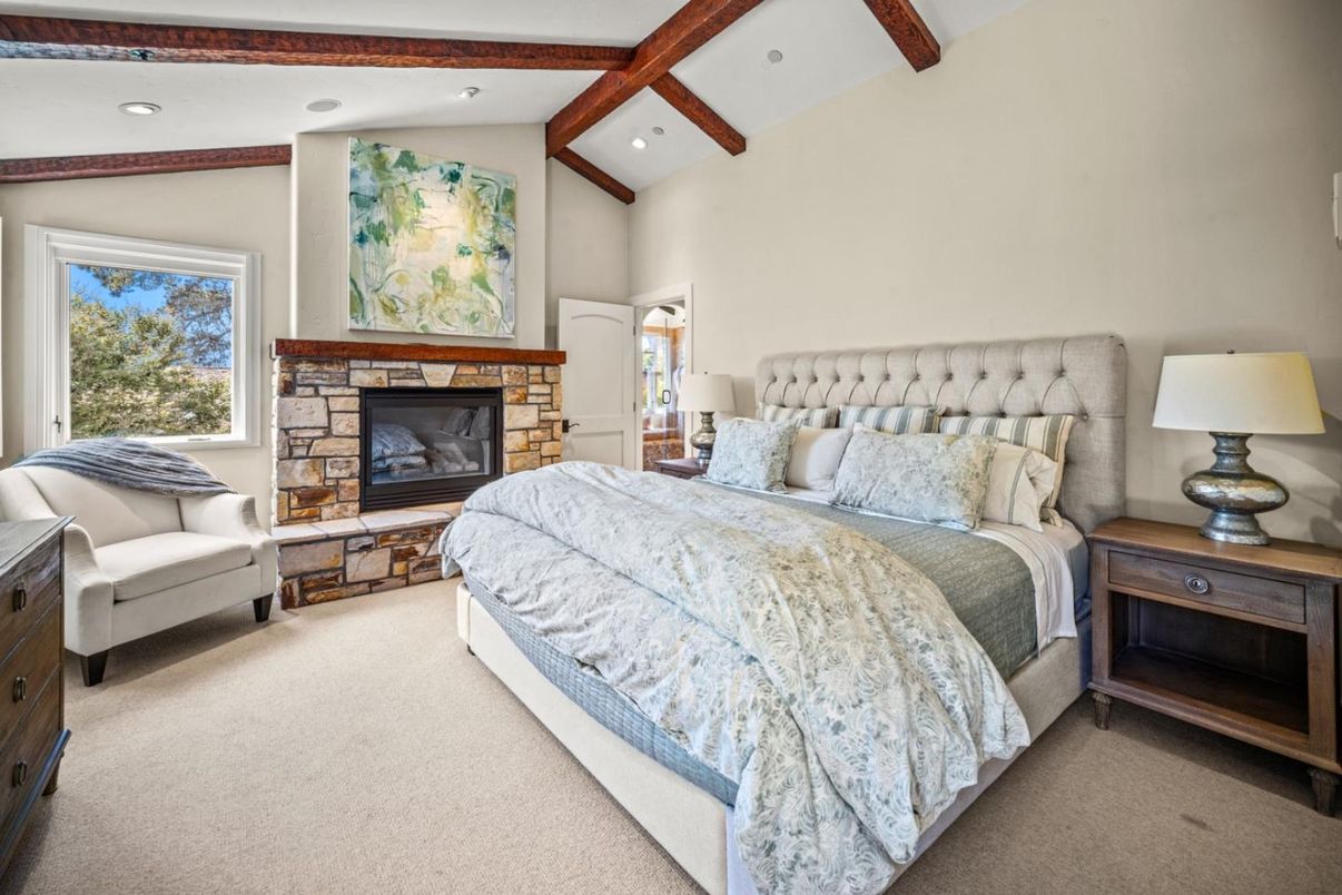 Bedroom, Fireplace, Interior, Recessed Lighting, Wooden Beams