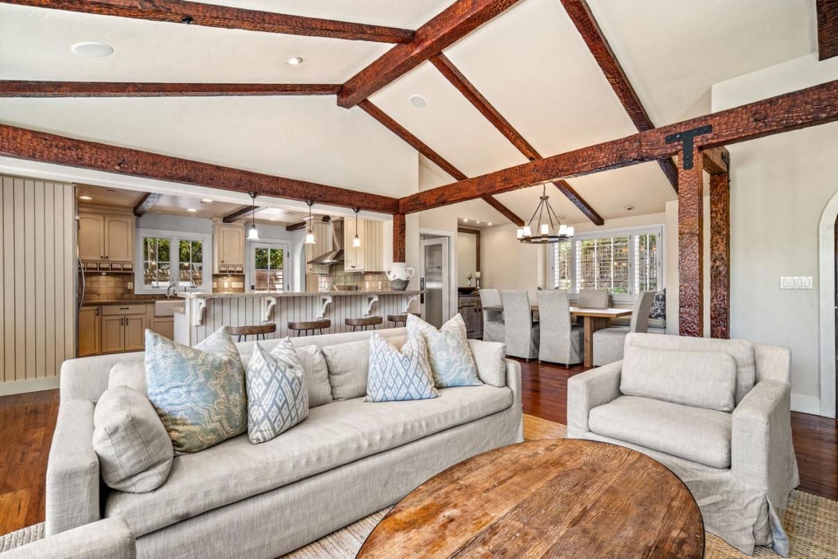 Dining room, Interior, Kitchen, Living room, Pendant Lights, Recessed Lighting, Stainless Steel Appliances, Wooden Beams, Wood Texture Flooring