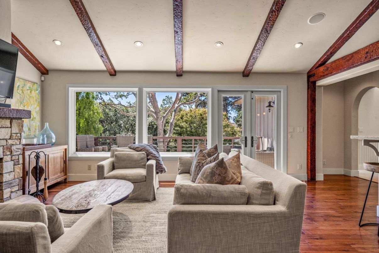 Fireplace, Interior, Living room, Recessed Lighting, Wooden Beams, Wood Texture Flooring