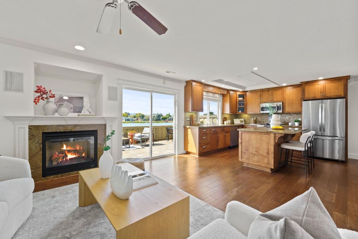 Fireplace, Interior, Kitchen, Living room, Recessed Lighting, Wood Texture Flooring