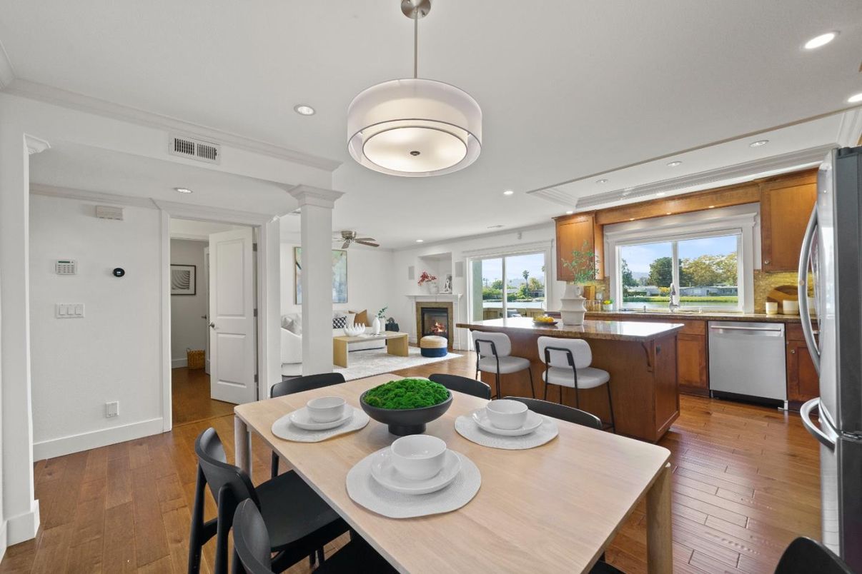 Dining room, Fireplace, Interior, Kitchen, Living room, Pendant Lights, Recessed Lighting, Wood Texture Flooring