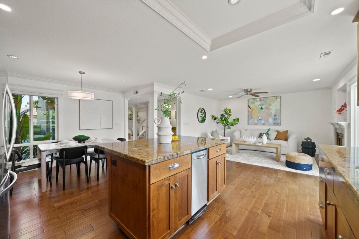 Dining room, Interior, Kitchen, Living room, Pendant Lights, Recessed Lighting, Wood Texture Flooring