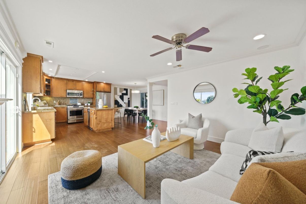 Dining room, Interior, Kitchen, Living room, Recessed Lighting, Stainless Steel Appliances, Wood Texture Flooring