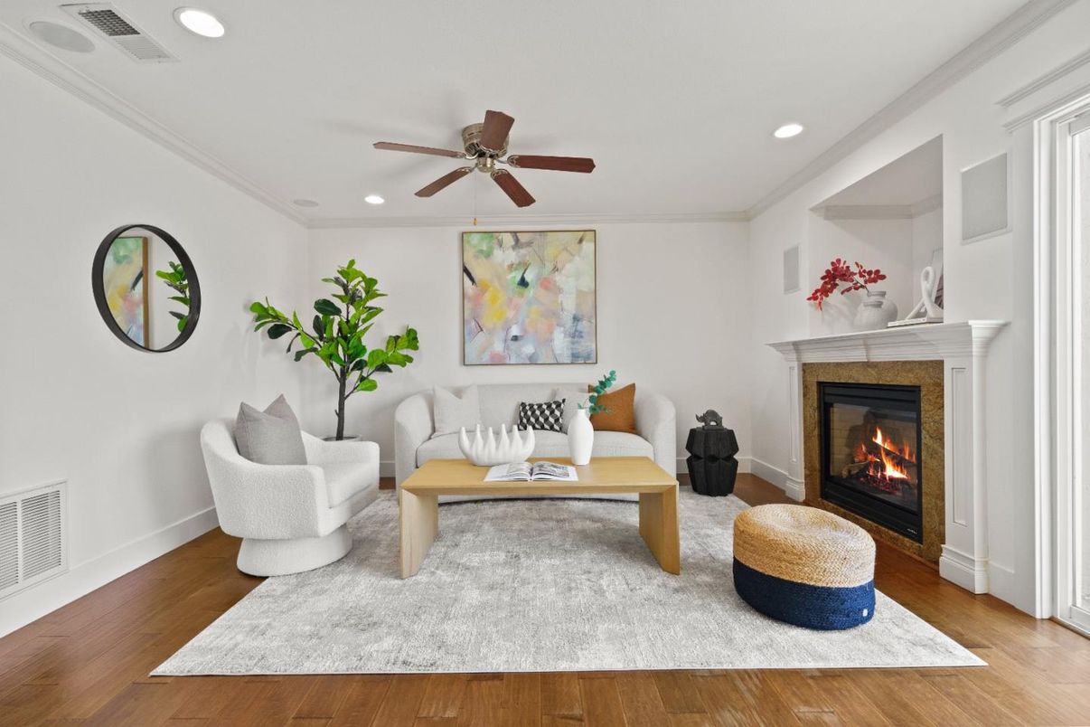 Fireplace, Interior, Living room, Recessed Lighting, Wood Texture Flooring