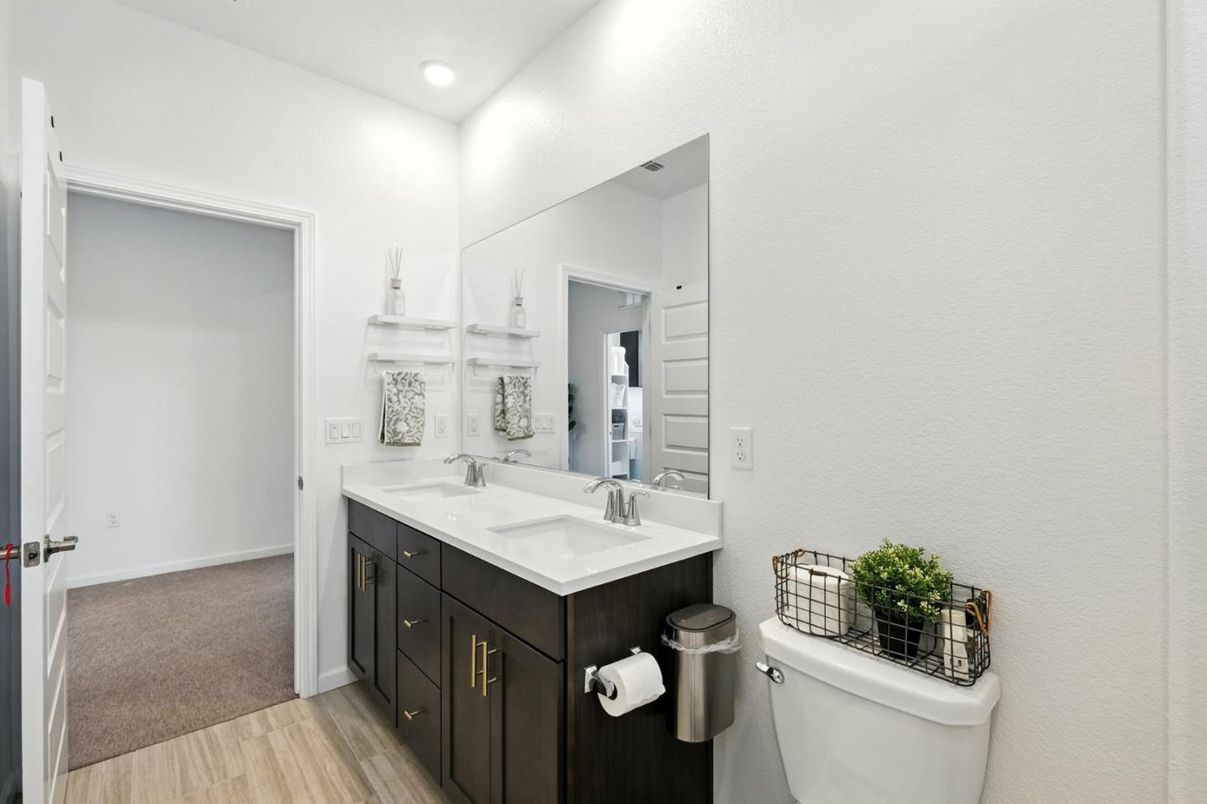 Bathroom, Dual Sink Vanities, Interior, Recessed Lighting, Wood Texture Flooring
