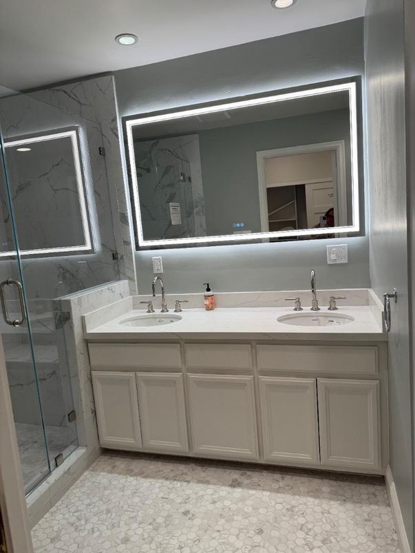 Bathroom, Dual Sink Vanities, Glass Shower, Interior, Marble Walls, Recessed Lighting