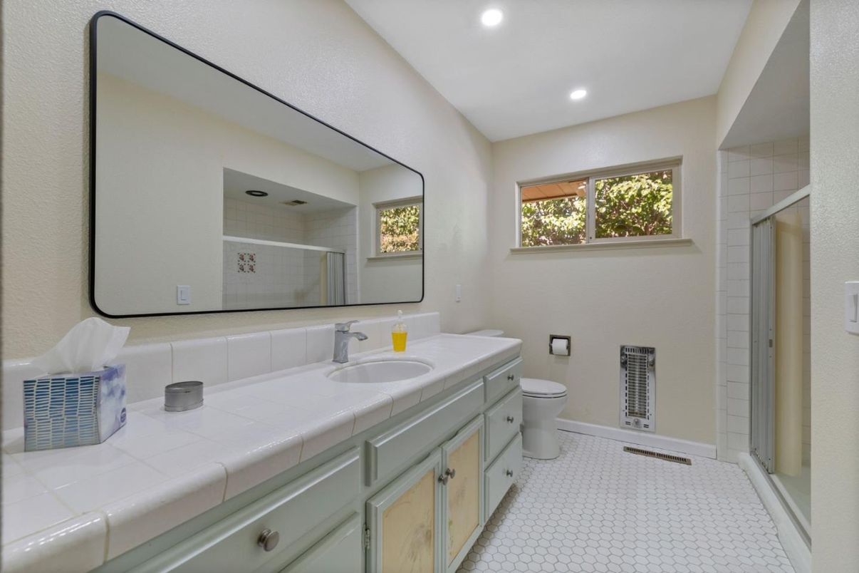 Bathroom, Dual Sink Vanities, Interior, Recessed Lighting, Tile Countertops