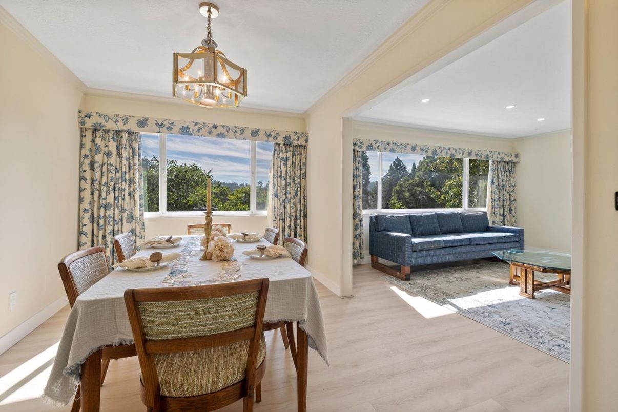 Dining room, Interior, Pendant Lights, Recessed Lighting, Wood Texture Flooring