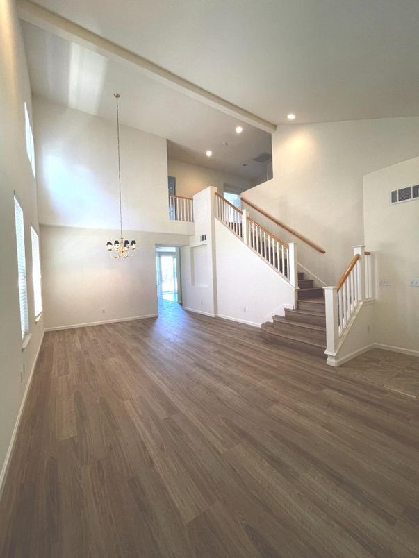 Empty room, Interior, Pendant Lights, Recessed Lighting, Wood Texture Flooring