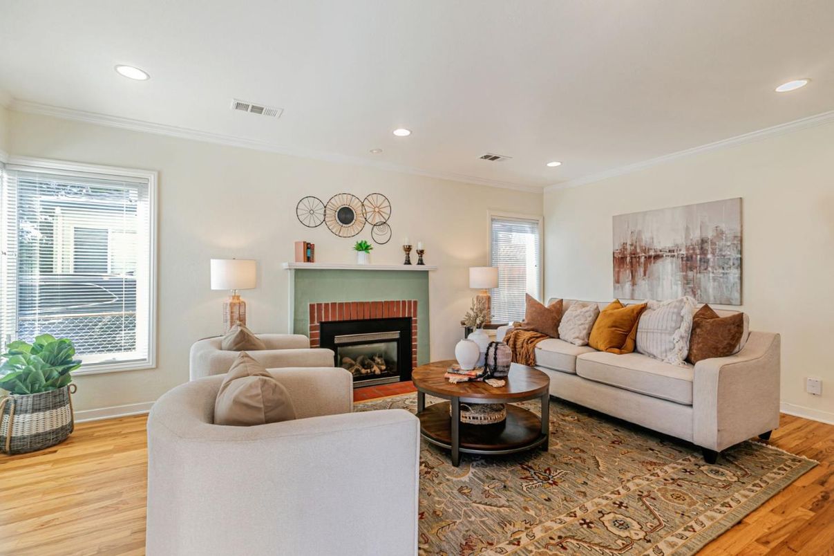 Fireplace, Interior, Living room, Recessed Lighting, Wood Texture Flooring