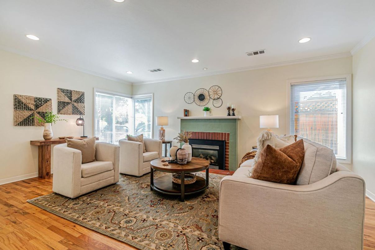 Fireplace, Interior, Living room, Recessed Lighting, Wood Texture Flooring