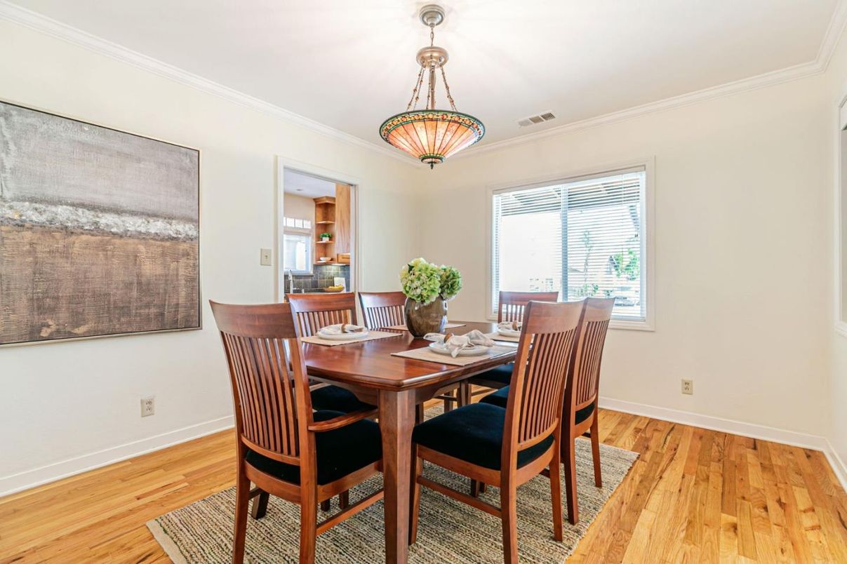 Dining room, Interior, Pendant Lights, Wood Texture Flooring
