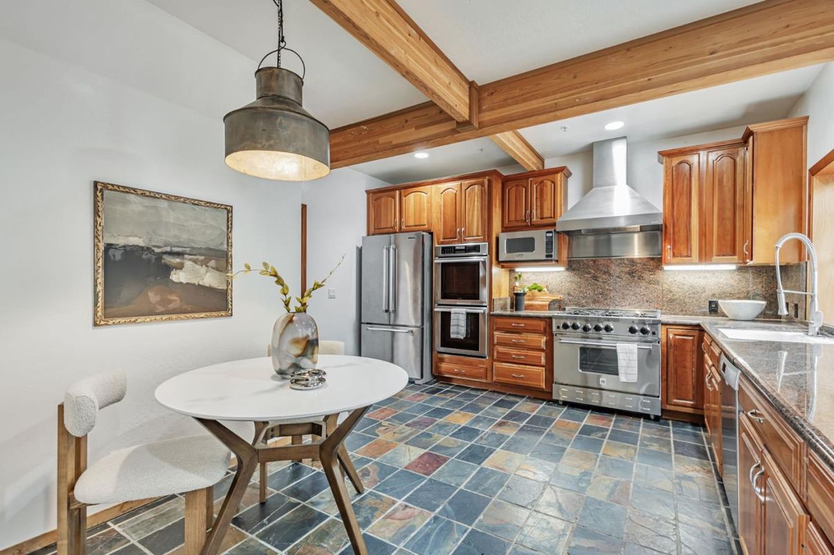 Interior, Kitchen, Pendant Lights, Recessed Lighting, Stainless Steel Appliances, Wooden Beams