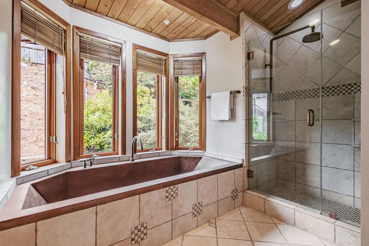 Bathroom, Glass Shower, Interior, Recessed Lighting, Wooden Beams, Wooden Ceilings
