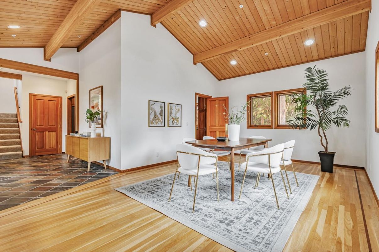 Dining room, Interior, Recessed Lighting, Wooden Beams, Wooden Ceilings, Wood Texture Flooring