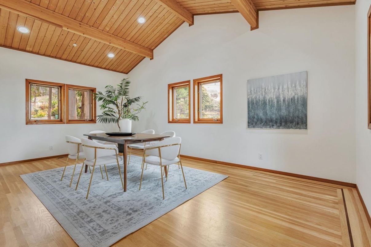 Dining room, Interior, Recessed Lighting, Wooden Beams, Wooden Ceilings, Wood Texture Flooring