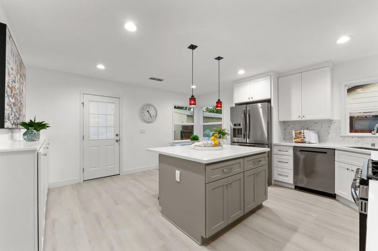 Interior, Kitchen, Pendant Lights, Recessed Lighting, Stainless Steel Appliances, Wood Texture Flooring