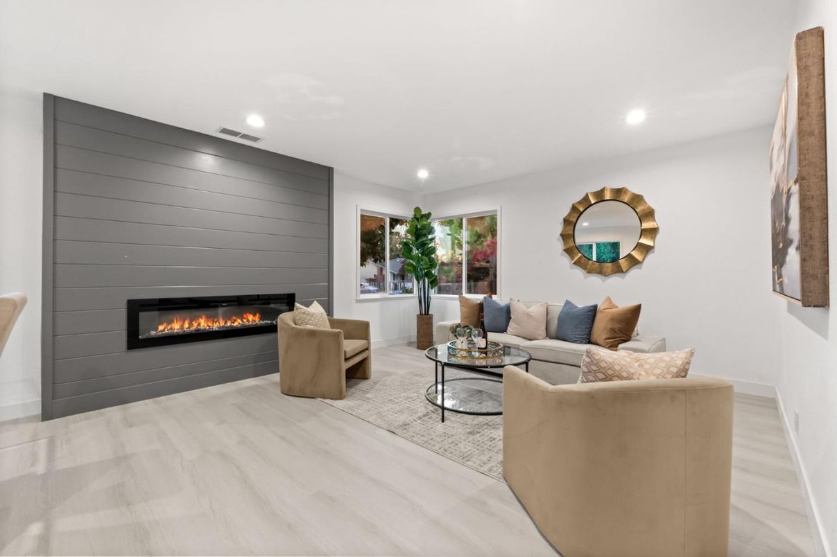 Fireplace, Interior, Living room, Recessed Lighting, Wood Texture Flooring