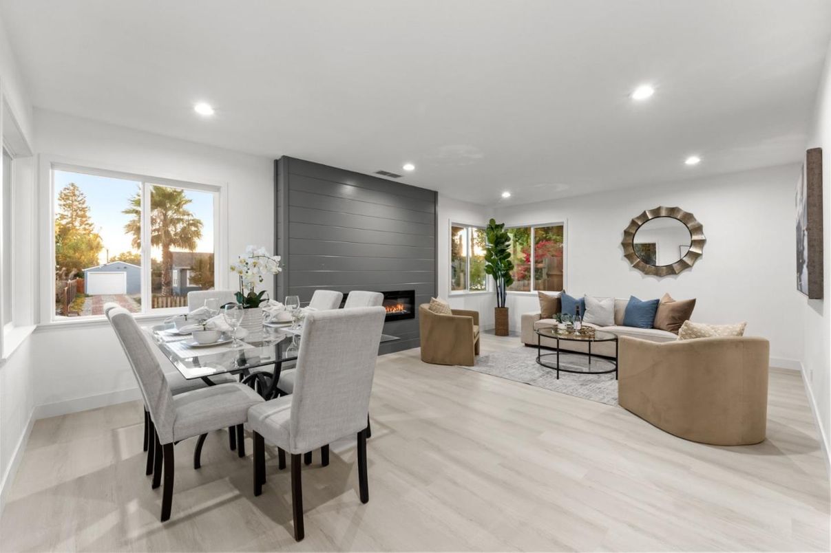 Dining room, Fireplace, Interior, Living room, Recessed Lighting, Wood Texture Flooring