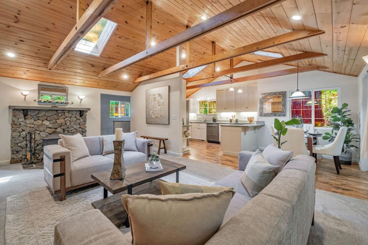 Dining room, Fireplace, Interior, Kitchen, Living room, Pendant Lights, Recessed Lighting, Stone Walls, Wooden Beams, Wooden Ceilings, Wood Texture Flooring