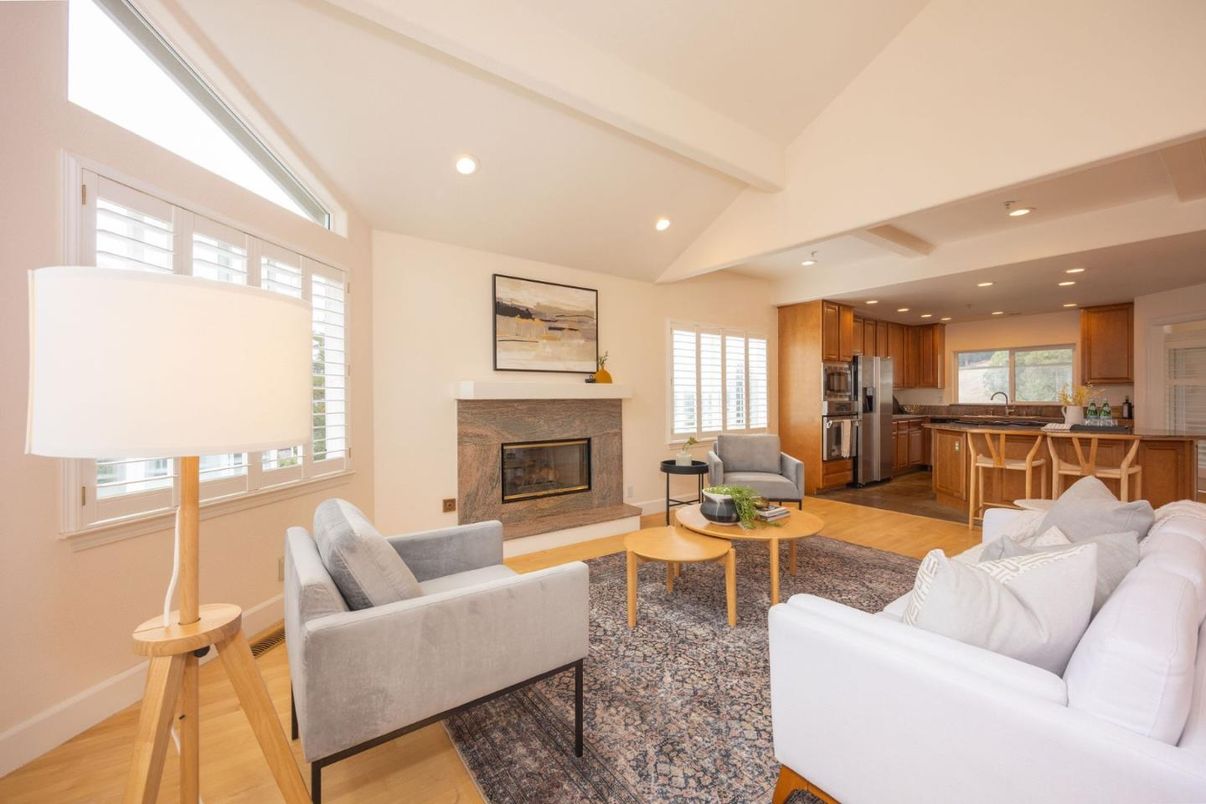 Fireplace, Interior, Kitchen, Living room, Recessed Lighting, Stainless Steel Appliances, Wood Texture Flooring