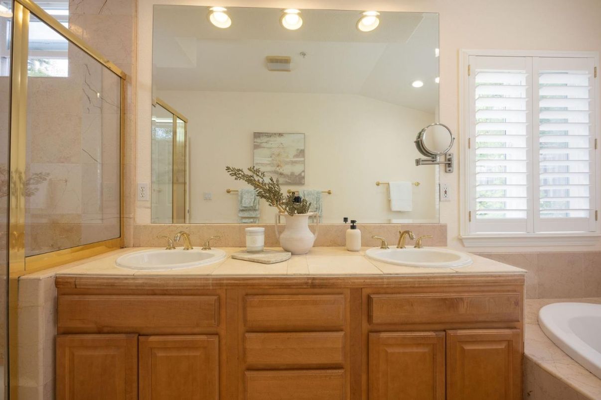 Bathroom, Dual Sink Vanities, Glass Shower, Interior, Recessed Lighting, Tile Countertops