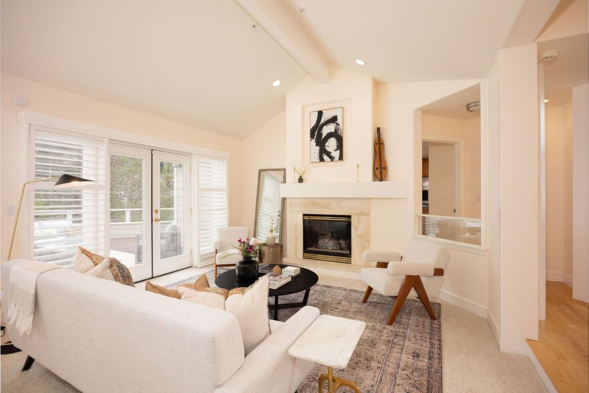 Fireplace, Interior, Living room, Recessed Lighting, Wood Texture Flooring