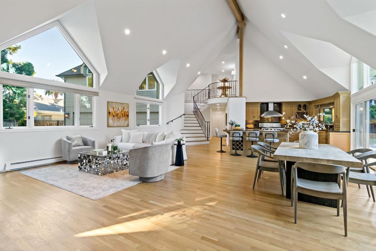 Dining room, Interior, Kitchen, Living room, Recessed Lighting, Wood Texture Flooring