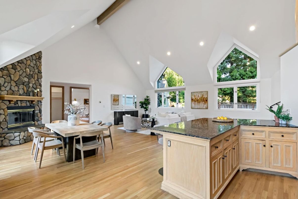 Dining room, Fireplace, Interior, Living room, Recessed Lighting, Stone Walls, Wooden Beams, Wood Texture Flooring