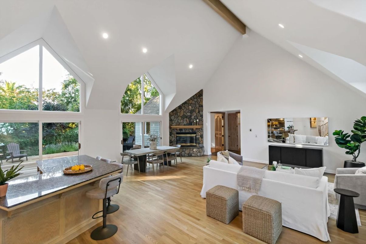 Dining room, Fireplace, Interior, Living room, Recessed Lighting, Wood Texture Flooring