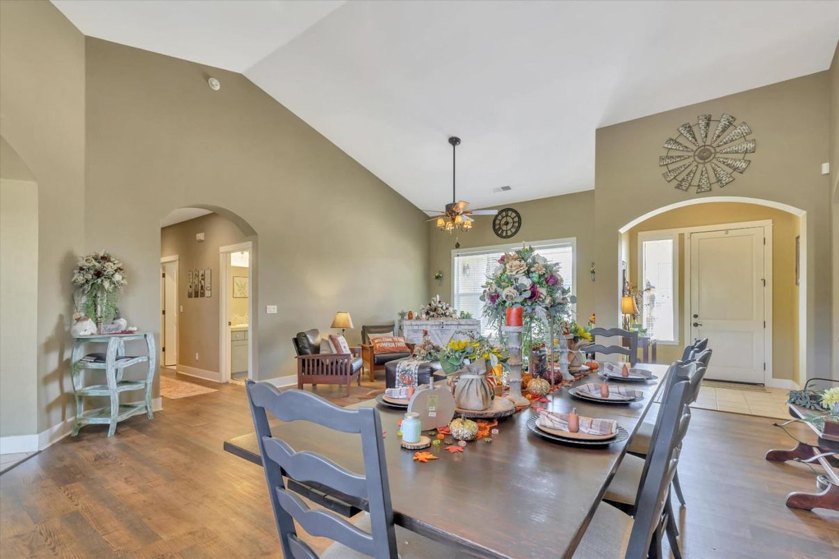 Dining room, Interior, Pendant Lights, Wood Texture Flooring