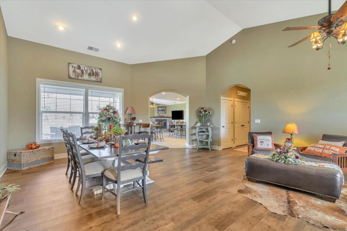 Dining room, Interior, Recessed Lighting, Wood Texture Flooring