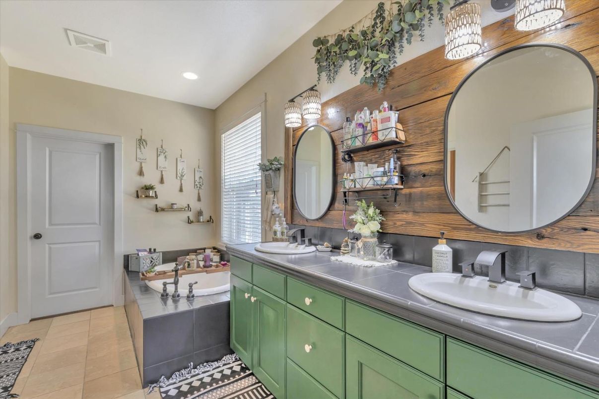 Bathroom, Dual Sink Vanities, Interior, Recessed Lighting, Tile Countertops
