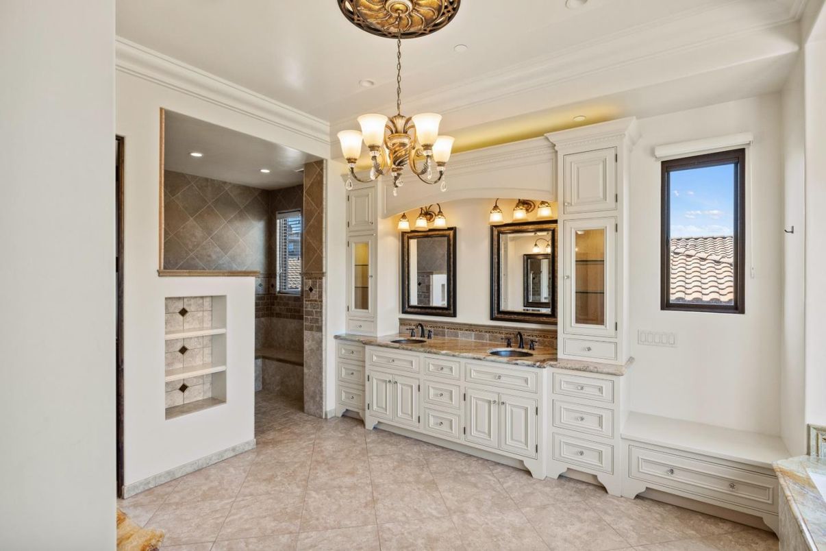 Bathroom, Chandelier, Dual Sink Vanities, Interior, Recessed Lighting