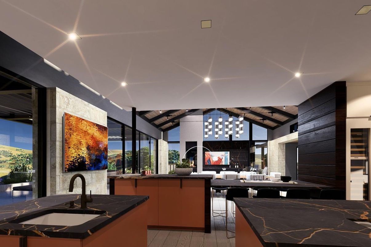 Interior, Kitchen, Living room, Pendant Lights, Recessed Lighting, Wooden Beams, Wooden Ceilings, Wood Texture Flooring