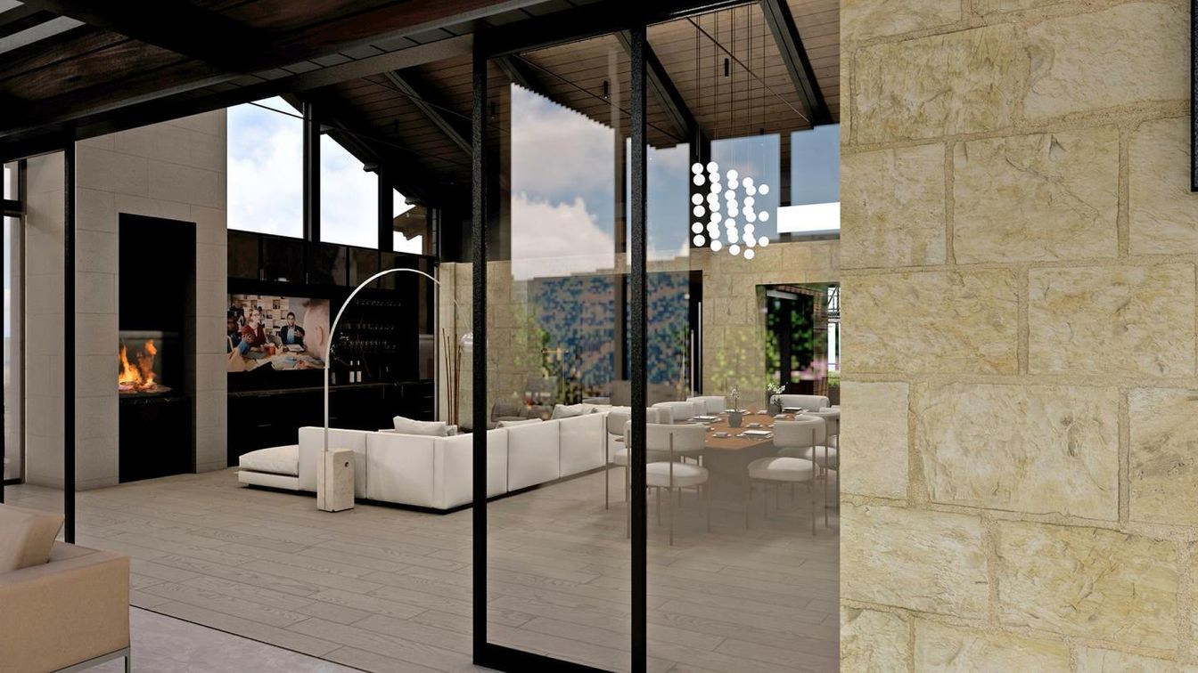 Dining room, Exterior, Fireplace, Pendant Lights